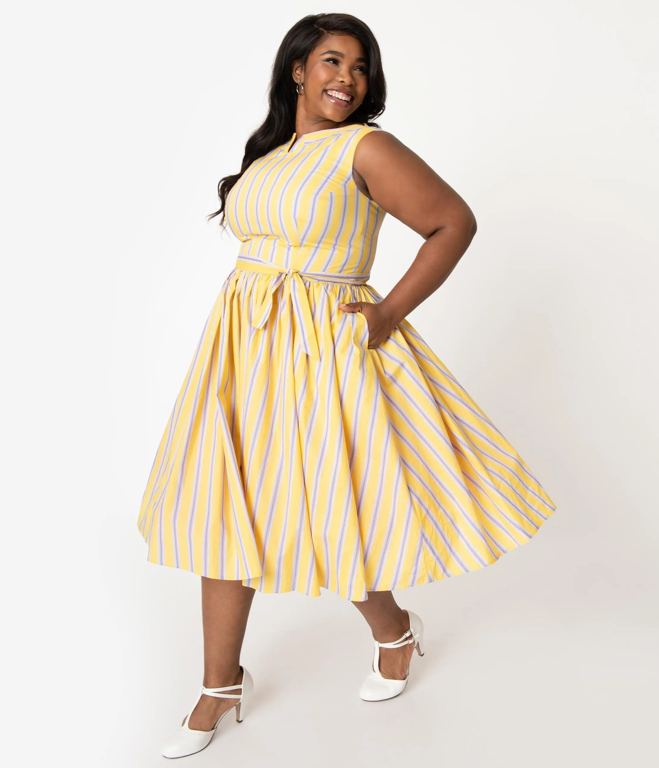 Unique Vintage Plus Size Yellow & Purple Stripe Sleeveless Indy Sundress