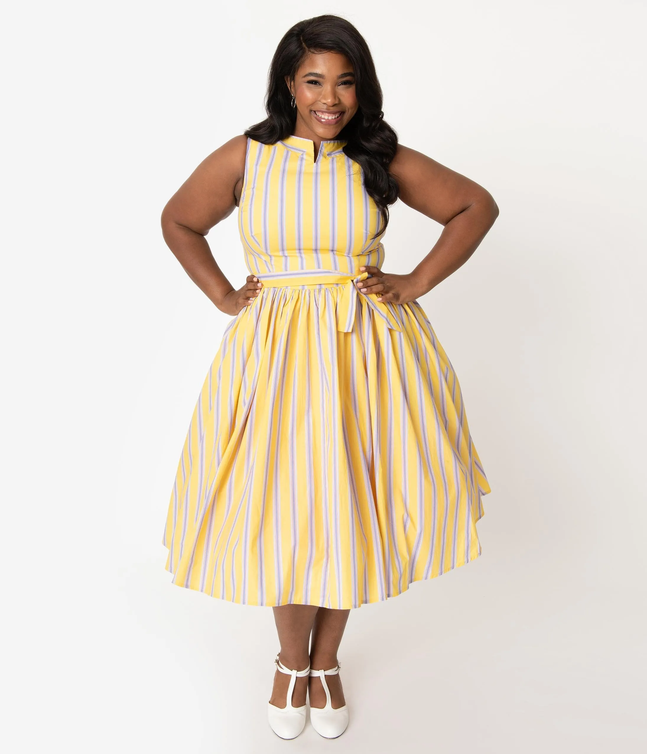 Unique Vintage Plus Size Yellow & Purple Stripe Sleeveless Indy Sundress