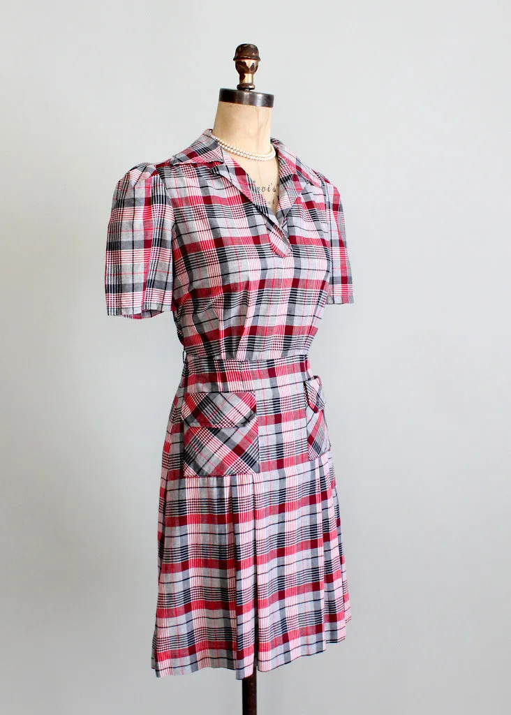 Vintage 1930s Cotton Plaid Swing Dress