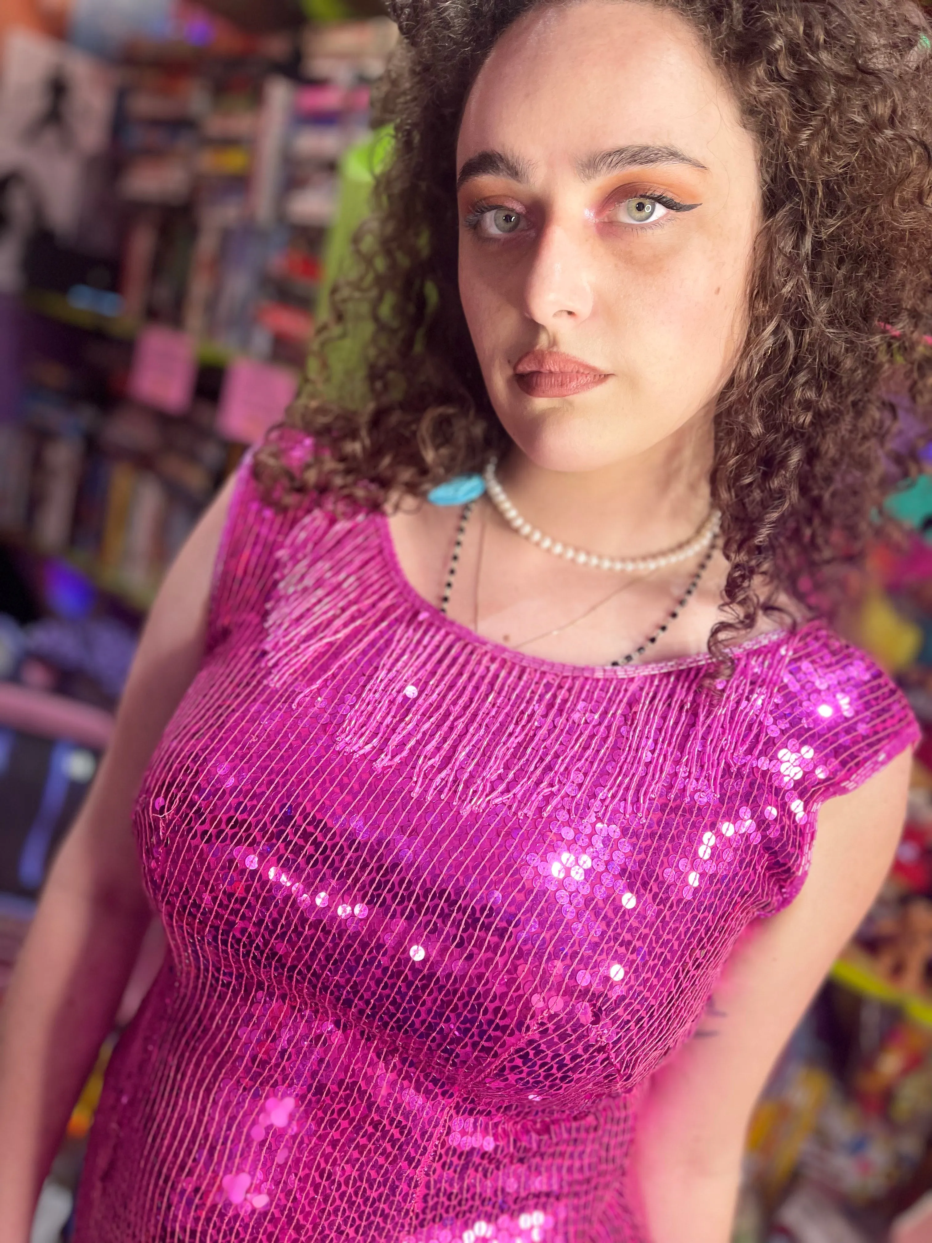 Vintage 80s Pink Fringe Sequin Tank Dress-Plus Size