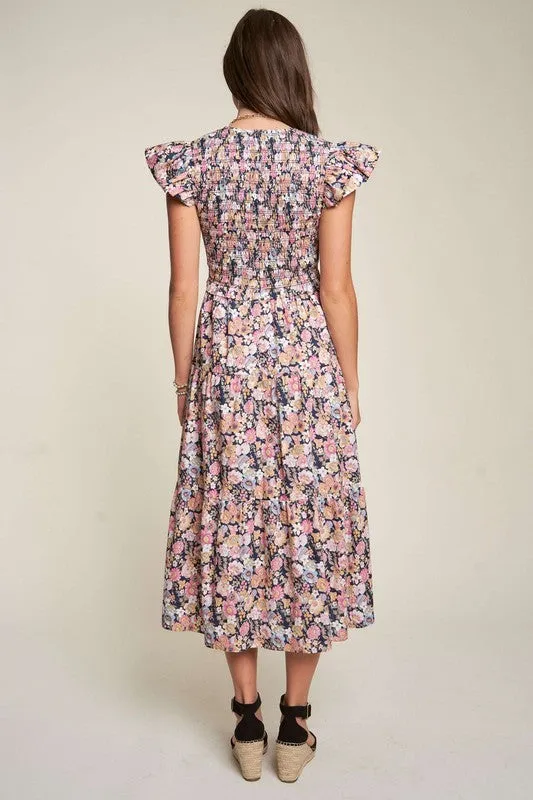 Vintage Garden Floral Flutter Smocking Midi Dress