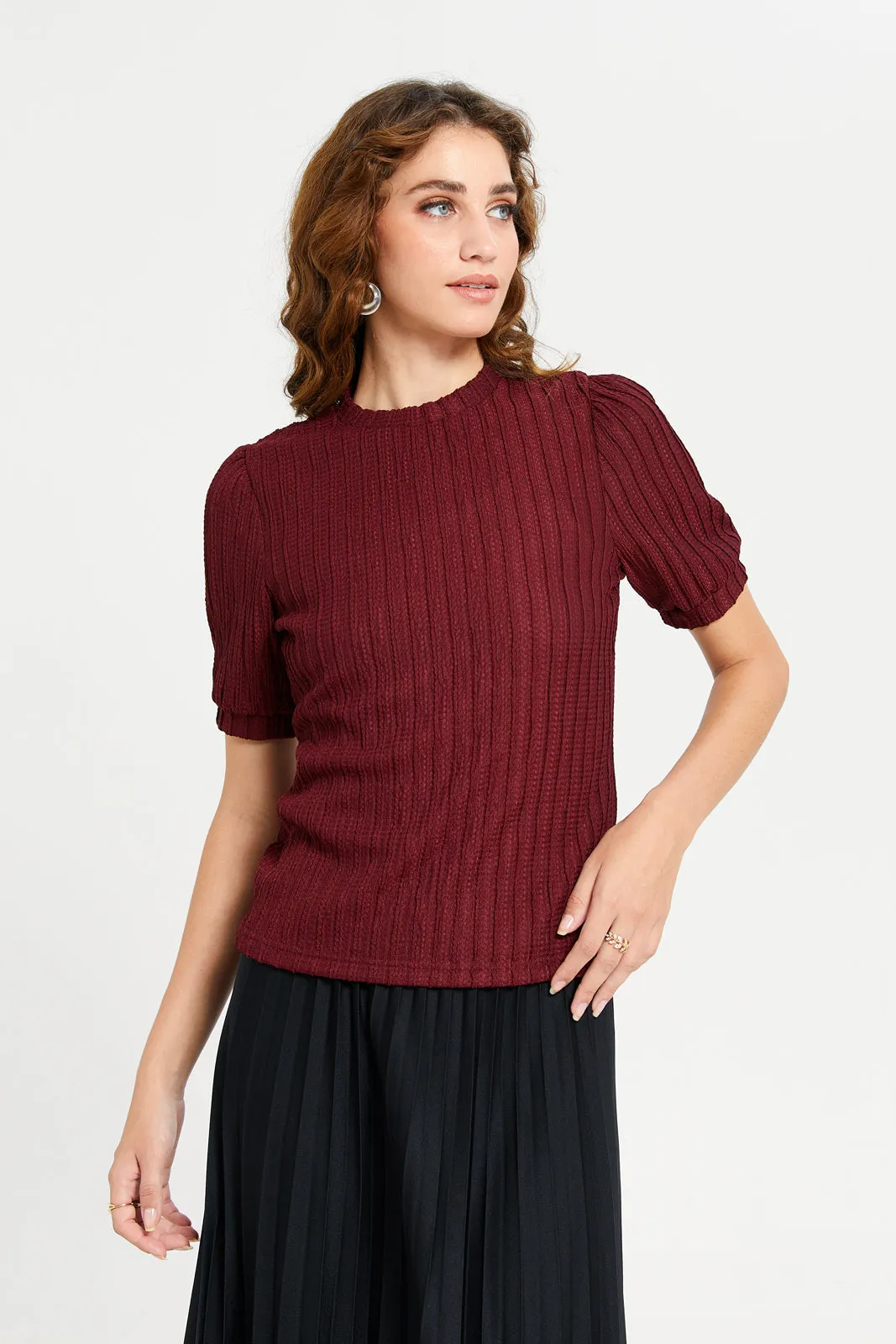 Women Burgundy Textured Puff Sleeve Top