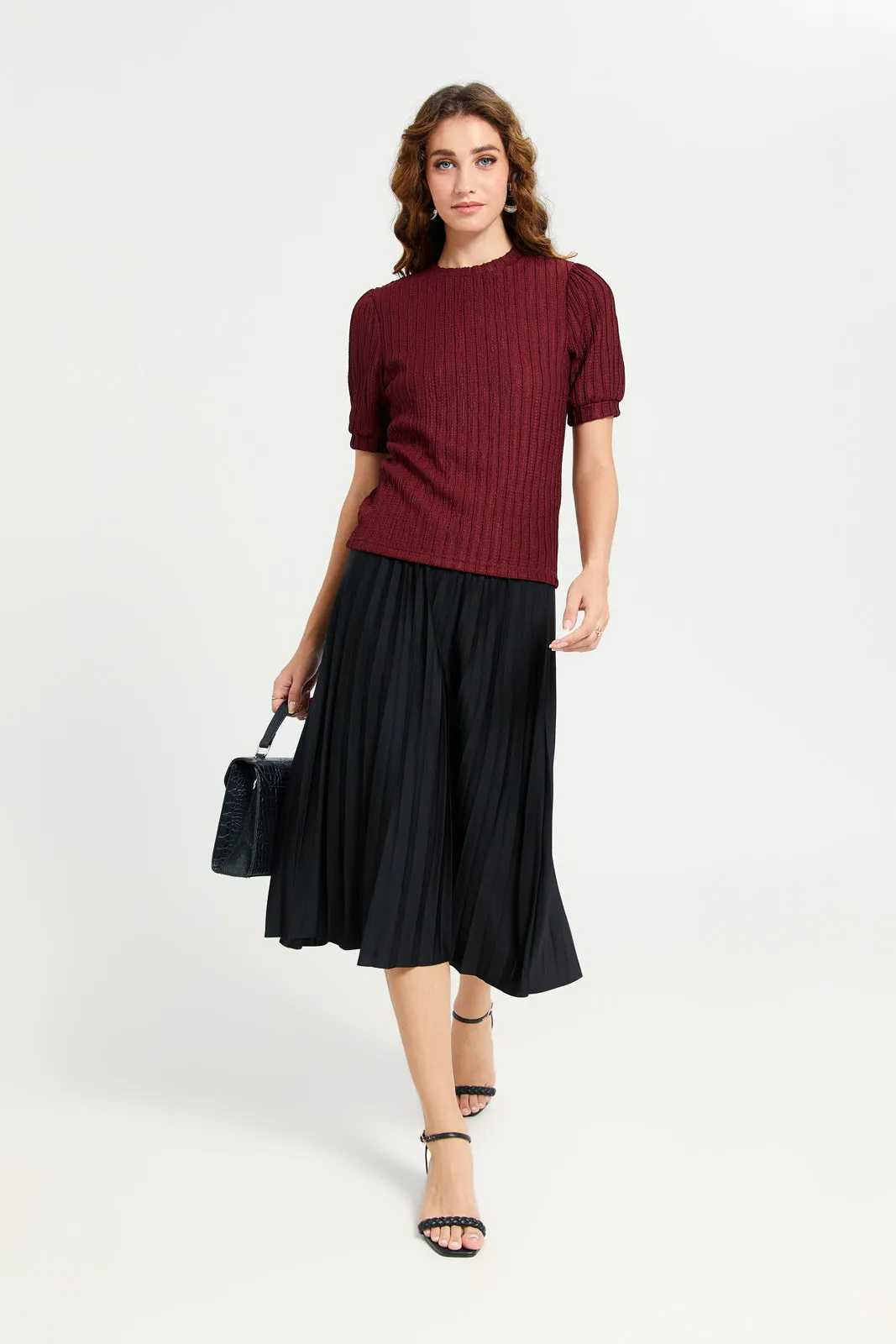 Women Burgundy Textured Puff Sleeve Top