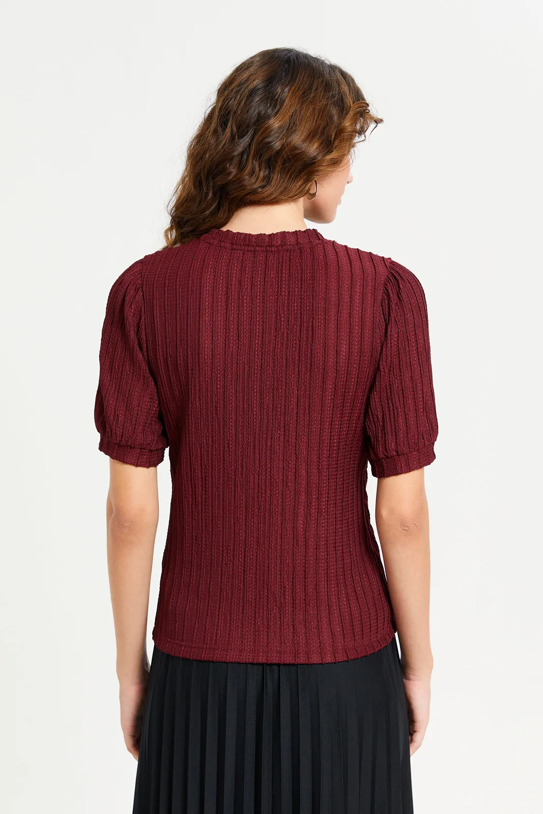 Women Burgundy Textured Puff Sleeve Top