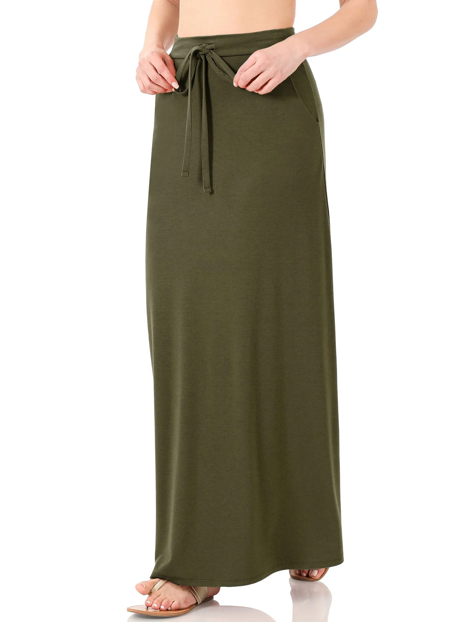 Womens Casual Maxi Skirt with Waist Drawstring and Side Pockets (S-3X)