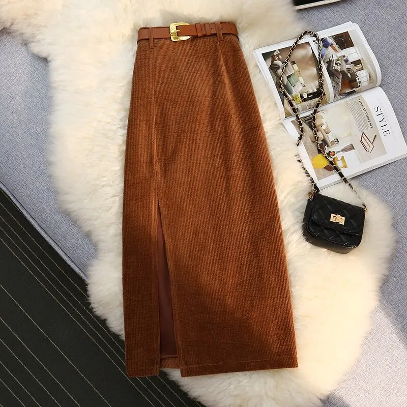 Women's High Waist Corduroy Style With Side Slit A-line Midi Skirts