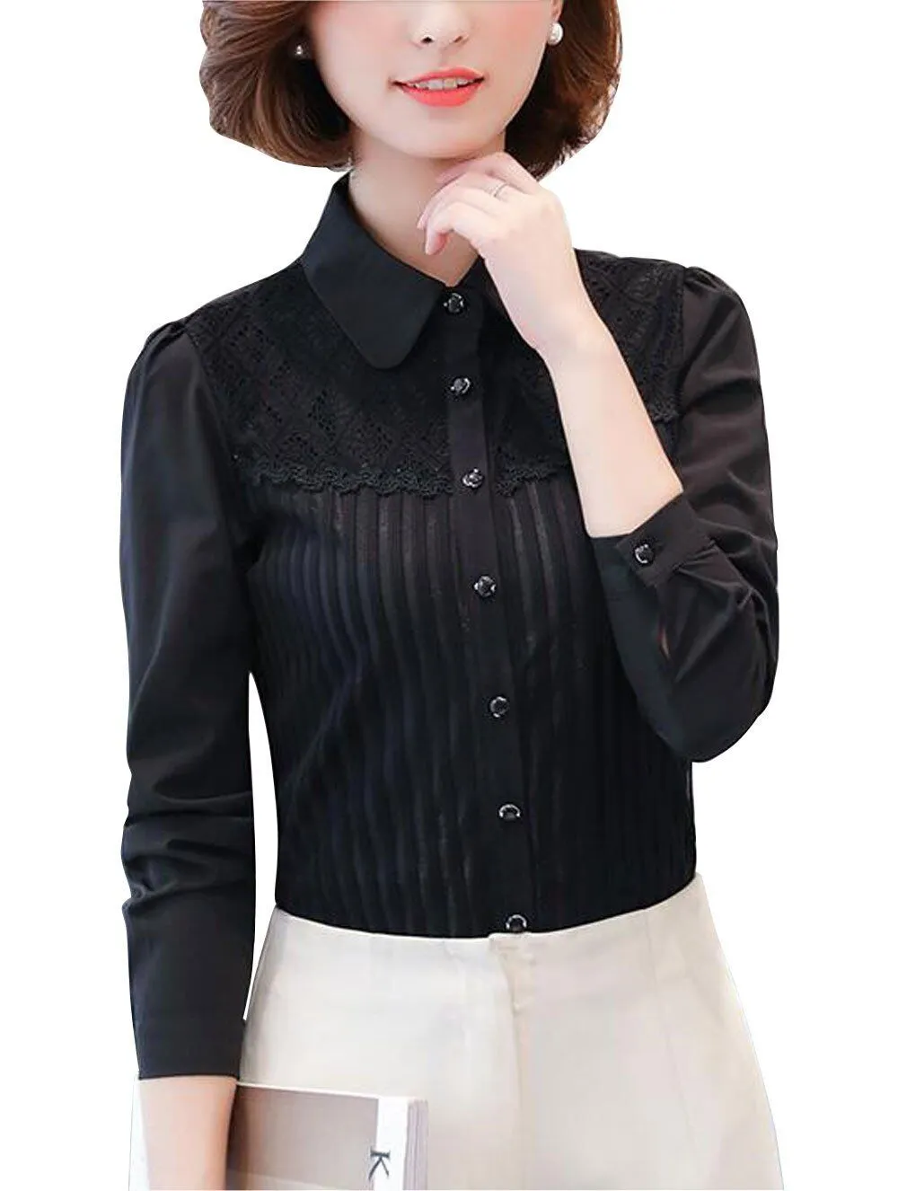 Womens Vintage Collared Button Down Work Shirt Long Sleeve Lace Stretch Blouse