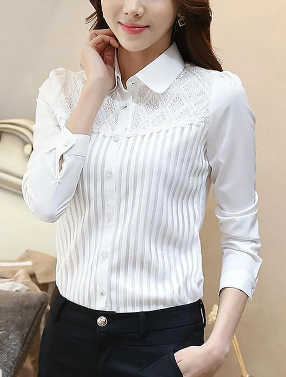 Womens Vintage Collared Button Down Work Shirt Long Sleeve Lace Stretch Blouse