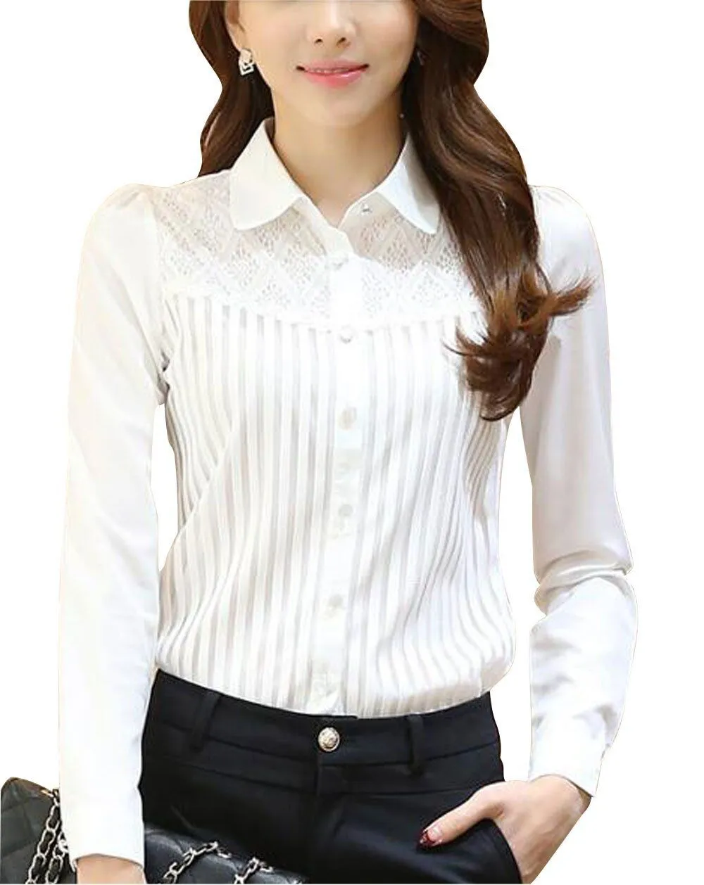 Womens Vintage Collared Button Down Work Shirt Long Sleeve Lace Stretch Blouse