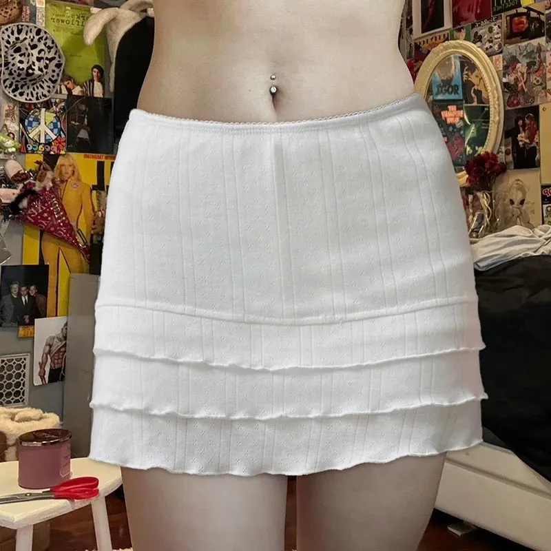 y2k Korean Style White Summer Mini Skirt Tierred Ruched Slim Hottie Women Skirt Sweet Cute Coquette Short Three-Layer